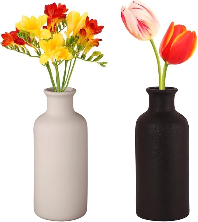 Matte Black Ceramic Vase for Dry Flowers, Modern Minimalist Home Decor 7" Tall, Fits Table,Shelf,Fireplace,Bedroom,Living Room & Kitchen