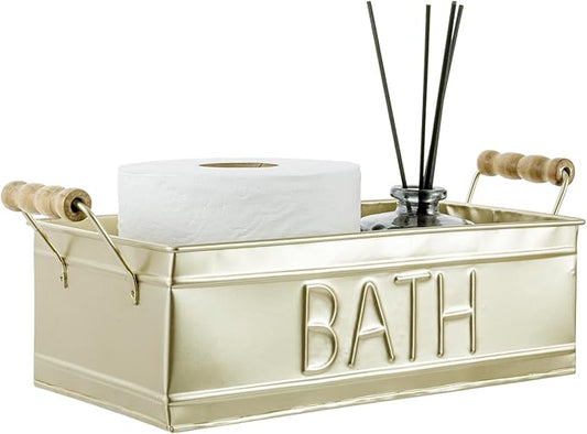 MyGift Vintage Bronze Metal Rectangular Storage Basket with Wooden Handles, Bathroom Toiletries Holder, Organizer Bin with Embossed Bath Label - Handcrafted in India (Brass)