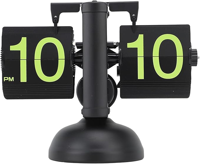 FOSA Flip Clock Retro Mechanical Digital Minimalist 12H Battery Operated Stainless Steel Desk Clock for Home Office Living Room (Black Frame Green Number)