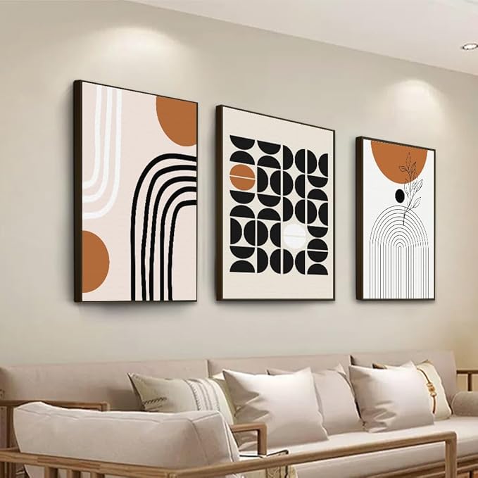 QKF Geometry Abstract Large Frame Canvas Wall Art Living Room Wall Decor Bohemian Black Brown Beige Line Modern Home Decorative Painting For living room Office Bedroom 3-piece Set 24 "X 32"