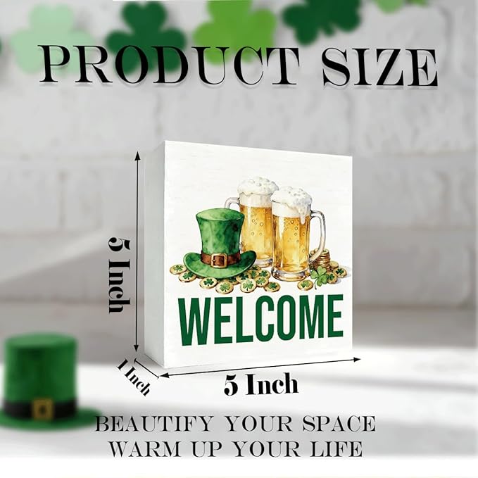 St. Patrick's Day Welcome Decor Wooden Box Sign, Irish Beer Hat Tabletop Welcome Sign for Home Bar Shelf Desk, Farmhouse Holiday Wooden Decor for Party Pub Irish Theme 5 x 5 Inches