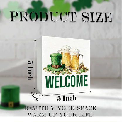St. Patrick's Day Welcome Decor Wooden Box Sign, Irish Beer Hat Tabletop Welcome Sign for Home Bar Shelf Desk, Farmhouse Holiday Wooden Decor for Party Pub Irish Theme 5 x 5 Inches