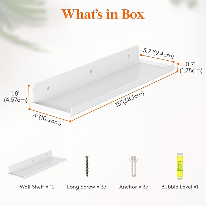 Lifewit Floating Shelves for Bathroom, 15" Acrylic Wall Organizer for Perfume, Makeup, Figures, Nail Polish, Photo, Book, Decor Display Rack for Nursery, Living Room, Bedroom, Kitchen, White, 12 Pack