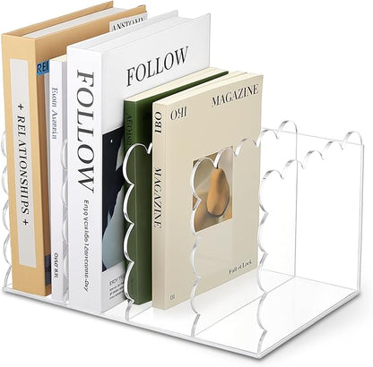 Scalloped Acrylic Magazine Holder with 4 Vertical Compartments 11.22 x 7.28 x 6.5 Inches Clear Acrylic Storage Mail Sorter with Wave Edge Design for Desktop Office Home