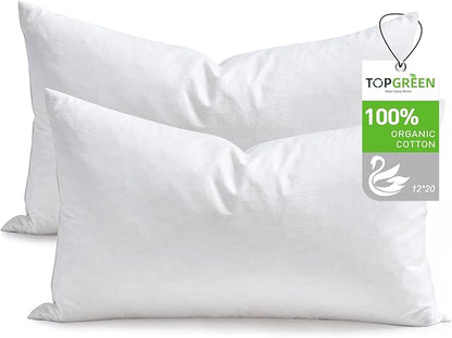 Feathers Down Throw Pillow Inserts 12x20, Set of 2, 100% Organic Cotton Shell, Soft Decorative Lumbar Pillow Insert for Living Room Sofa, Couch, or Bed (White)