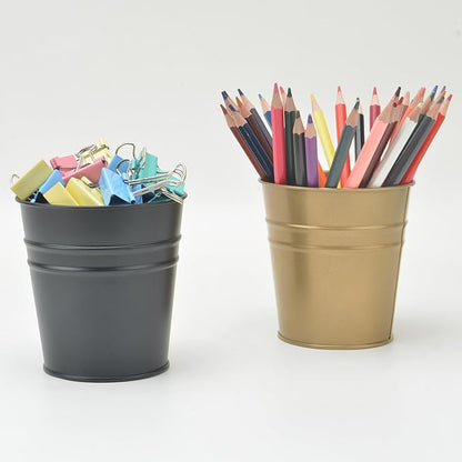 Pen Holder Cup For Desk Pencil Holder Metal Marker Pen Organizer Storage Small Tinplate Flower Pot Succulent Bucket Planters for Office Home - 2 Pack (Pink)