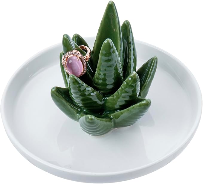 MyGift Decorative White Ceramic Ring Tray for Jewelry, Ring Cone and Trinket Tray with Raised Heart Design (Ceramic Aloe)