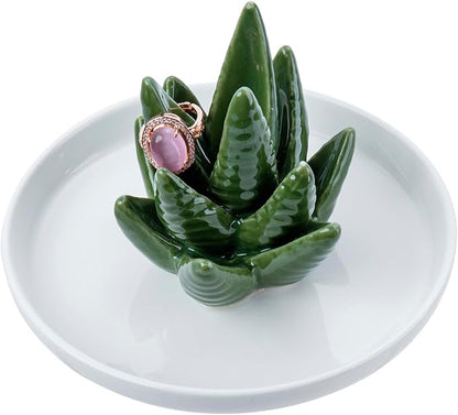 MyGift Decorative White Ceramic Ring Tray for Jewelry, Ring Cone and Trinket Tray with Raised Heart Design (Ceramic Aloe)