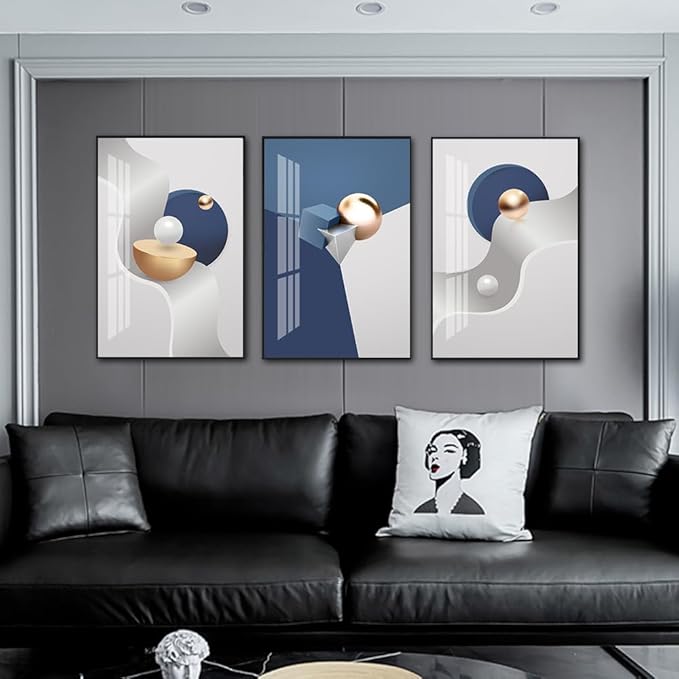 QKF Large Blue Geometry Abstract Wall Art Bright Canvas Decorative Painting Now Home, Bedroom, Living Room Painting Poster Printing Wall Decor 3-piece Set 20" X 28"