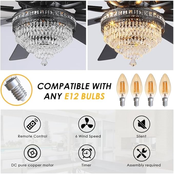 Asyko Crystal Ceiling Fan Fandelier with Lights - Modern Outdoor Fans with Remote Control,Noiseless DC Motor, Retro/Farmhouse Lighting, Dining Room,Living Room (72"