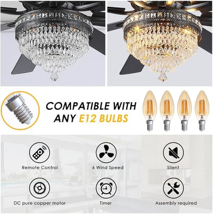 Asyko Crystal Ceiling Fan Fandelier with Lights - Modern Outdoor Fans with Remote Control,Noiseless DC Motor, Retro/Farmhouse Lighting, Dining Room,Living Room (72"