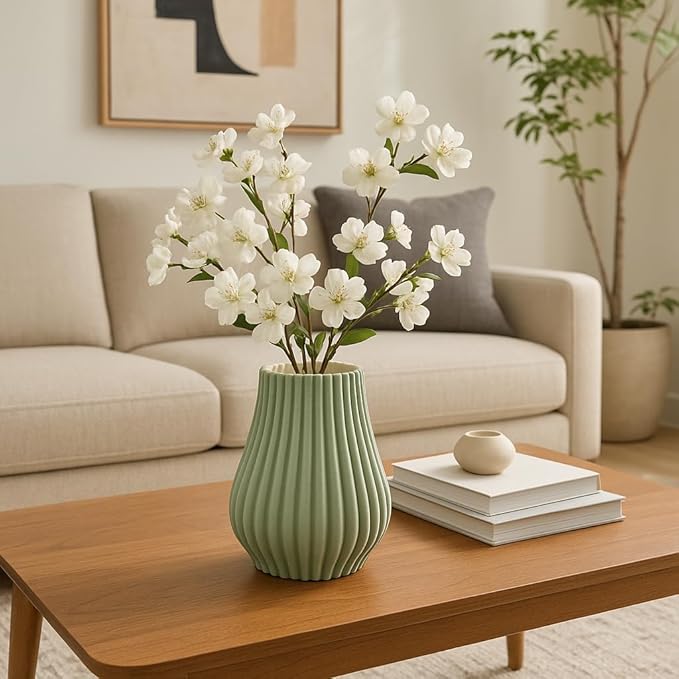 Flower Vase for Living Room Decor Display – 3D Printed Design, Ceramic Vase for Bedroom, House, Room, or Office Decor Accent – Ribbed Decorative Vase for Home and Table Accent– 9” Green