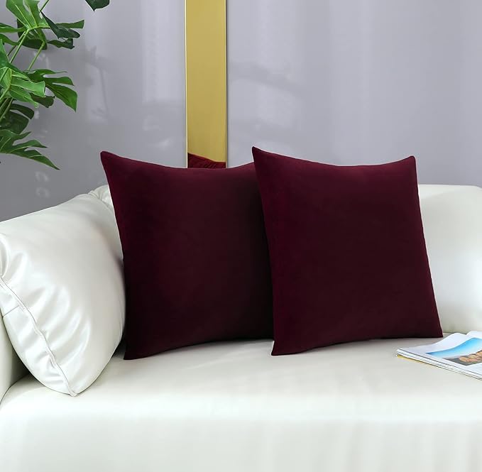 mixeoo Comfy Burgundy Red Throw Pillow Covers Decorative Square Solid Thick Velvet Super Soft Cushion Cases Home Decor for Sofa Couch Living Room Chair, Set of 2, 18 x 18 Inch