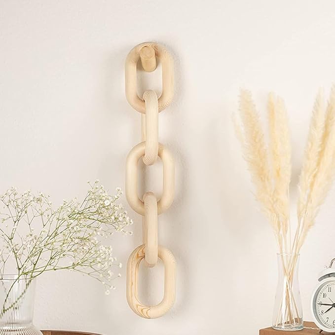 Beavorty Wooden Chain Link Hanging Ornament Small Vintage Wall Hanging Decor Rustic Handmade Home Pendant for Bedroom Living Room Farmhouse Accent