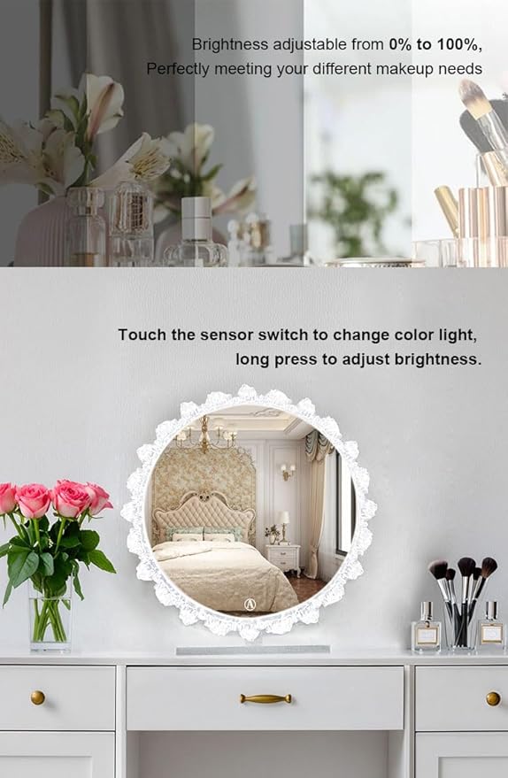 Crystal LED Vanity Mirror with Touch Control 3 Color Lights, Dimming 360° Rotation Desktop Elegant Decorative Hollywood HD Makeup Mirror