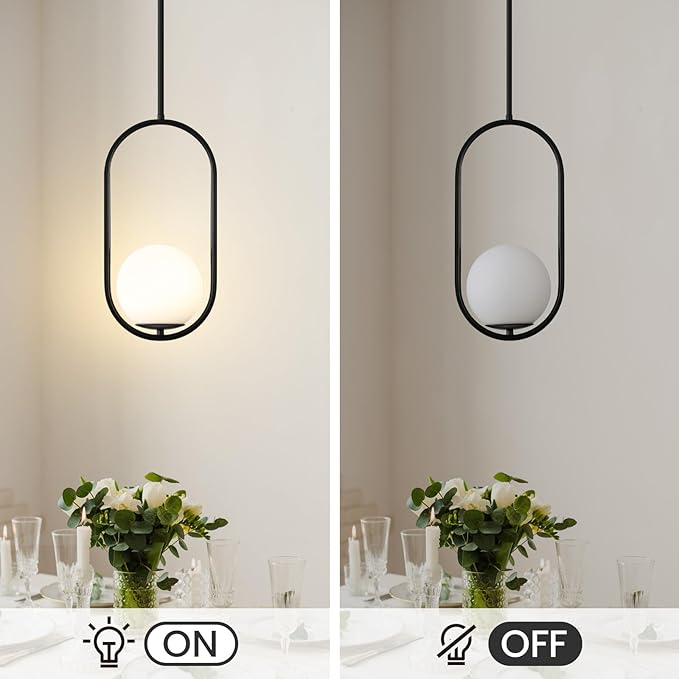 Yunnix Globe Pendant Lights Kitchen Island, 2 Pack Mid Century Modern Pendant Lights Milk Glass Hanging Light Fixture Black Chandelier for Bedroom Dining Room (Bulb Not Included)