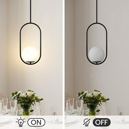 Yunnix Globe Pendant Lights Kitchen Island, 2 Pack Mid Century Modern Pendant Lights Milk Glass Hanging Light Fixture Black Chandelier for Bedroom Dining Room (Bulb Not Included)