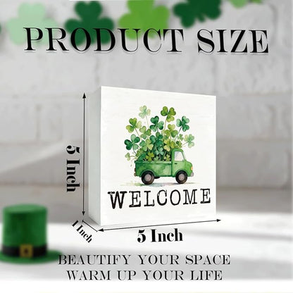 St Patrick Decor Welcome Wooden Box Sign, Shamrock Truck Farmhouse Tabletop Decor for Home Entryway Shelf Desk, Rustic Holiday Wooden Welcome Sign for Irish Theme Home 5 x 5 Inches