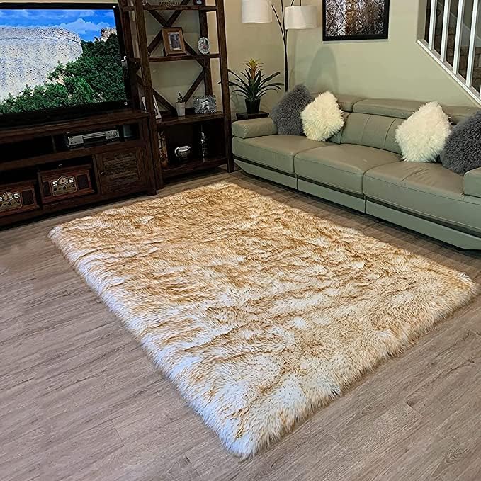 LAMBZY High Pile Super Soft Faux Sheepskin Rug (White/Brown, 2'x3')