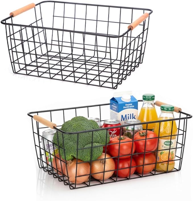 Metal Black Wire Basket,Food Storage Organizer with Wooden Handles, pantry organizers and storage for Kitchen shelf Cabinets potato onion, 2 Packs
