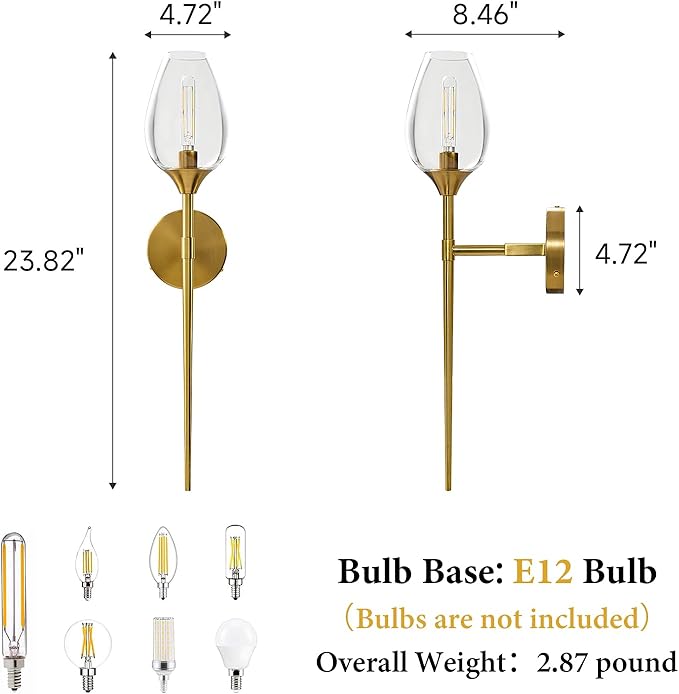 Gold Glass Wall Sconce Light: Modern Decorative Sconces Lights over Mirror - Vintage Brushed Brass Bathroom Vanity Lighting with Flower Shade - Indoor Glass Wall Mount Lamp for Bedroom Living Room