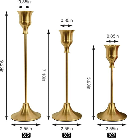 Set of 6 Brass Gold Candle Holders for Taper, Vintage Candlestick Holder Decorative Metal Candle Sticks Home Decor Centerpieces for Table Mantel Festive Decorations
