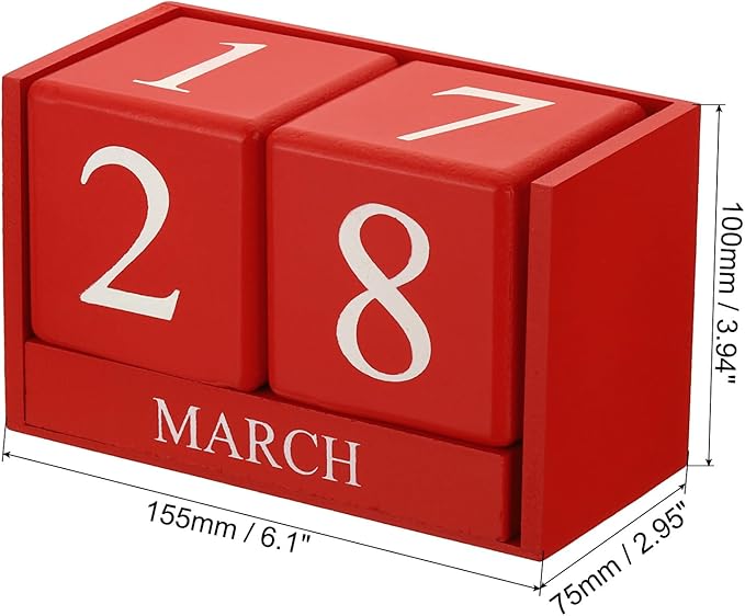PATIKIL Vintage Wood Block Perpetual Calendar, Reusable Wooden Month Date Display Blocks for Desk Office Home Decoration 6.1", Red