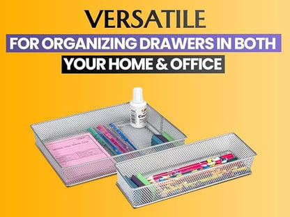 YBM HOME Silver Mesh Drawer Cabinet and or Shelf Organizer Bins, School Supply Holder Office Desktop Organizer Basket (2, 3x15x2 Inch)