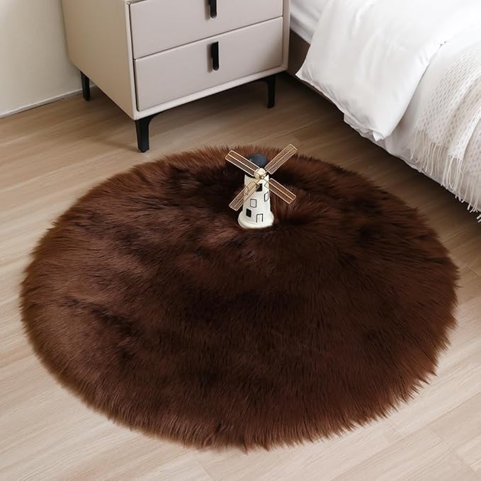 Faux Fur Rug Sheepskin Fuzzy Rug Super Soft Fluffy Plush Area Rug Bedroom Floor Children's Room Sofa Cushion Living Room Bedside Rugs (Coffee,3×3 ft Rotund)