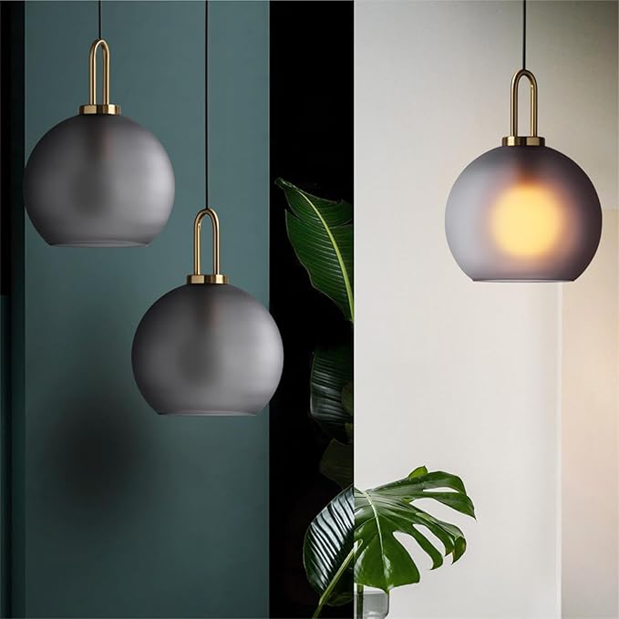 250mm Frosted Grey Spherical Glass Pendant Light, Frosted Grey Glass Globe with Brass Socket Hanging Lamp for Kitchen Island (25CM)