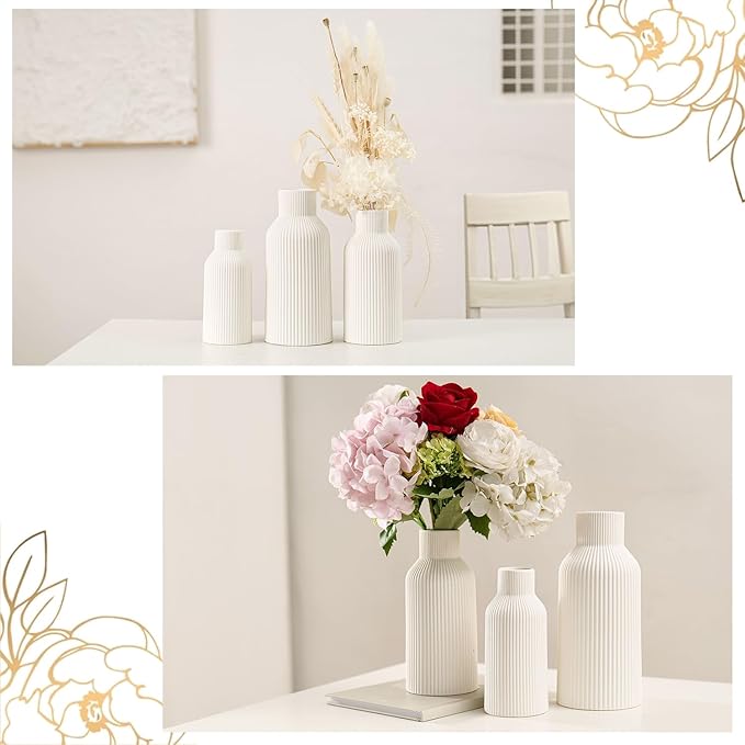Bohemian White Ceramic Vase - for Pampas Grass, Mantel, Bookshelf, Entryway and Living Room Decor (White, Set of 3)