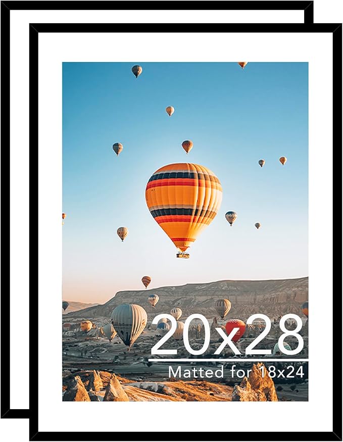 20x28 Picture Frame with 18x24 Mat Set of 2, Display Photo 18x24 with Mat or 20 x 28 Without Mat, Wall Hanging Large 20 by 28 Poster Frame with Plexiglass, 2 Pack, Black