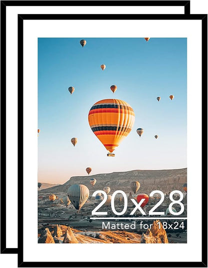 20x28 Picture Frame with 18x24 Mat Set of 2, Display Photo 18x24 with Mat or 20 x 28 Without Mat, Wall Hanging Large 20 by 28 Poster Frame with Plexiglass, 2 Pack, Black