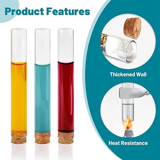 6pcs 30ml Glass Test Tube with Cork Stopper, 20x150mm Flat Bottom Storage Tube with Cap, 6 Holes Acrylic Rack, Plant Propagation Vase Set for Scientific Experiments Lab Candy Liquid Party Decor