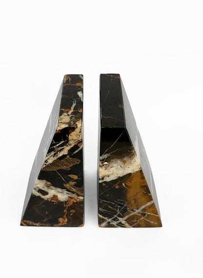 Ottimo Premium Polished Natural Marble bookends for use as Bookshelf Decor, Home, Office or Kitchen Shelves. Heavy, Triangular,and Modern Decorative Book Stopper with Anti-Slip Pads (Black Gold)
