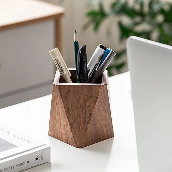 Sokelinn-six Walnut Wood Pen Holder, Wooden Pencil Holder Cups, Desktop Writing Stationary Organizer Office School Supplies GIfts