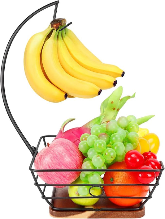 Livabber Countertop Fruit Basket Bowl with Banana Hanger, Modern Standing Fruit Vegetable Bowl Storage, with Banana Tree Holder for Kitchen Dinning Table (Square Wood, Black)