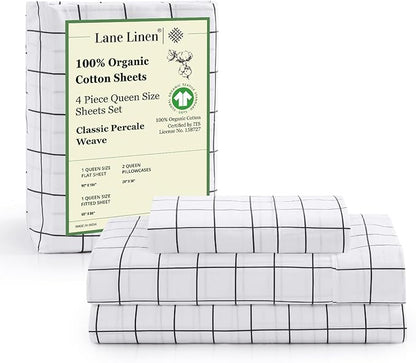 LANE LINEN Twin Sheet Set, 100% Organic Cotton Sheets Twin Size, 3Pc Twin Sheets Sets, Premium Bedding Sheets & Pillowcases, Percale Sheets, 15" Deep Pocket Twin Fitted Sheet - Windowpane