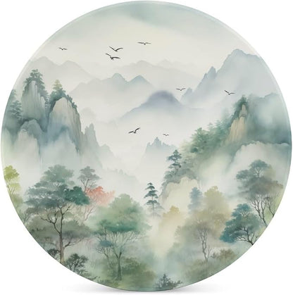 Round-6PCS Forest Drink Coasters, Round Modern Ceramic Absorbent Coasters, Watercolor Style Nature Woodland Green Forest Mountain Plant Birds Desk Coffee Table Coaster for Beverage Cup Tea Coasters