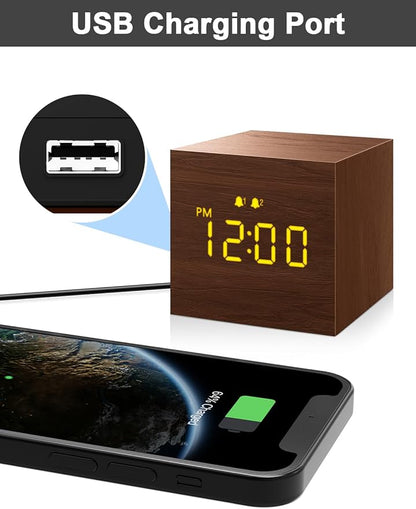 Digital Alarm Clock, with Wooden Electronic LED Time Display, 3 Alarm, 2.5-inch Cubic Small Mini Wood Made Electric Clocks for Bedroom, Bedside, Desk, Brown