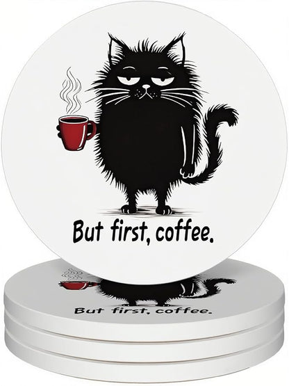 zcyhtqp, But First Coffee, Funny Absorbent Round Ceramic Stone Coasters Set of 4 with Cork Base, Funny Coffee Coasters, Cat Lover, Gifts for Home, Kitchen, Office Table Décor