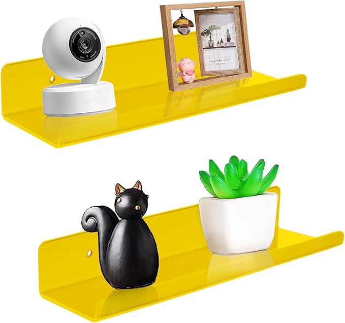 ROYALITA Small Acrylic Shelves Wall Mounted | Set of 2 | 12 Inches | Wall Hanging Plant Display Shelves, Room Decor Floating Wall Shelves for Gaming Room Bedroom, Living Room, Office, Yellow