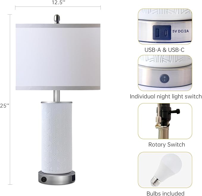 Irregular Ceramic Beautifully Engraved Decorative 25" Table Lamps Set of 2 with Nightlight,E26 Socket&Rotary Switch,USB A+C Ports,Modern Bedside Lamps for Nightstand,Bedroom(Bulbs Included)