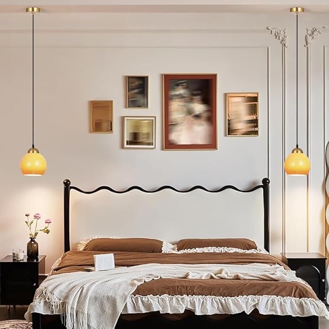 Modern Glass Pendant Light Metal Lamp Body E27 Tri Color Dimming Adjustable Hanging Fixture for Bedroom Bedside Study Minimalist Spherical Design Adaptable Ceilings