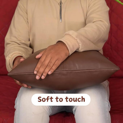 Lambskin Leather Pillow Cover, Hand Panel Stitched Leather Decorative Throw Pillow Covers for Couch Sofa Bed Living Room Garden (14x14 Inches, Dark Brown Pack of 2)