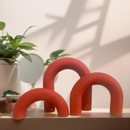 3Pcs Wood Arch Decor Accents - Home Book Table Decorative Rustic Arch Decor Modern Boho Minimalist Coffee Table Bookshelf Living Room Entryway Aesthetic Decorations Objects (Red)