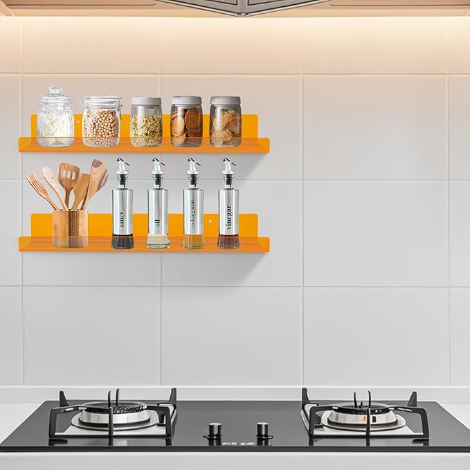 Dezzer 4 Pack Acrylic Shelves for Wall, 15" Acrylic Floating Shelves for Bathroom Bedroom, Invisible Bookshelf Wall Ledge Storage Shelf Books Perfume Toys Action Figure Display Shelves, Clear Orange