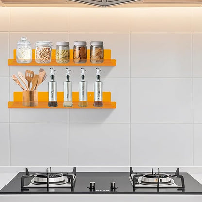 Dezzer 4 Pack Acrylic Shelves for Wall, 15" Acrylic Floating Shelves for Bathroom Bedroom, Invisible Bookshelf Wall Ledge Storage Shelf Books Perfume Toys Action Figure Display Shelves, Clear Orange