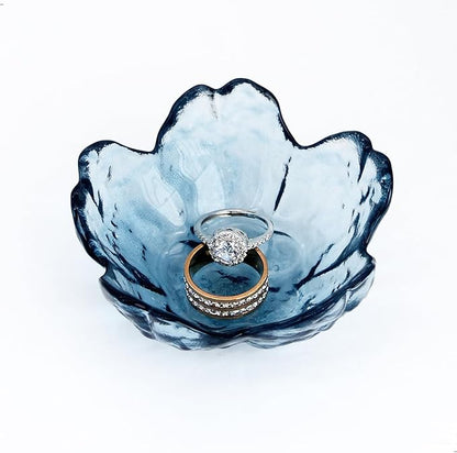Crystal Blue Flower Ring Dish Jewelry Tray, Decorative Glass Trinket Dish, Modern Accent Tray for Vanity