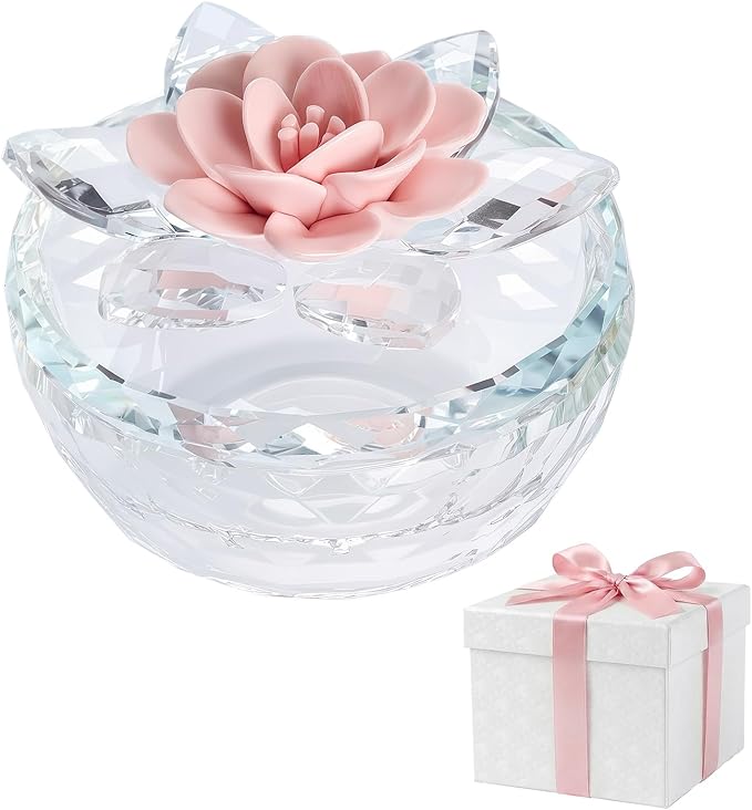 Crystal Jewelry Box, Small Glass Trinket Jar with Lid, Clear Lotus Flower Storage Holder for Women, Elegant Organizer Dish for Ring, Earrings, Necklace, Gift (Pink Flower)